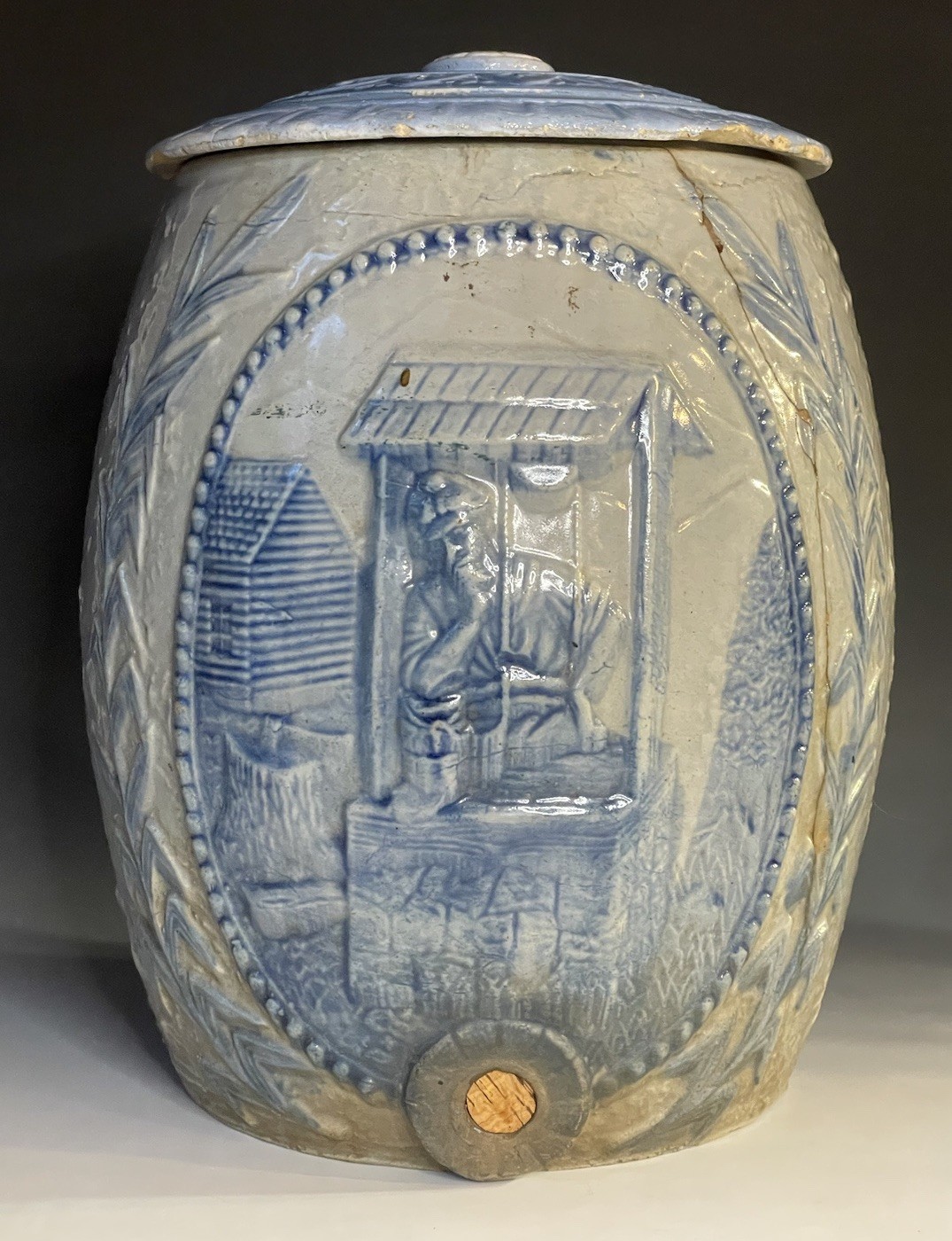 Antique Robinson Clay 20th C Salt Glazed Stoneware Rebecca at Well Water Cooler