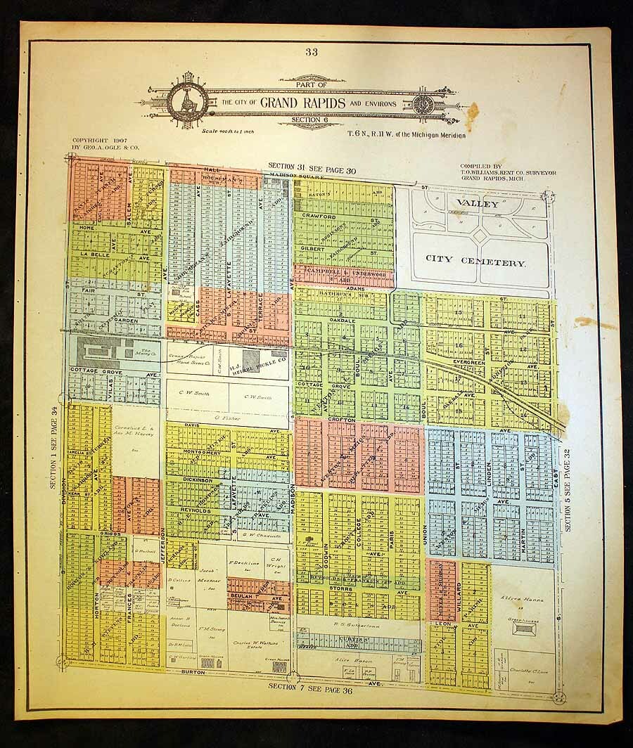 City of Grand Rapids 1907 Plat Map Division St Burton Ave Clyde Park Hall East