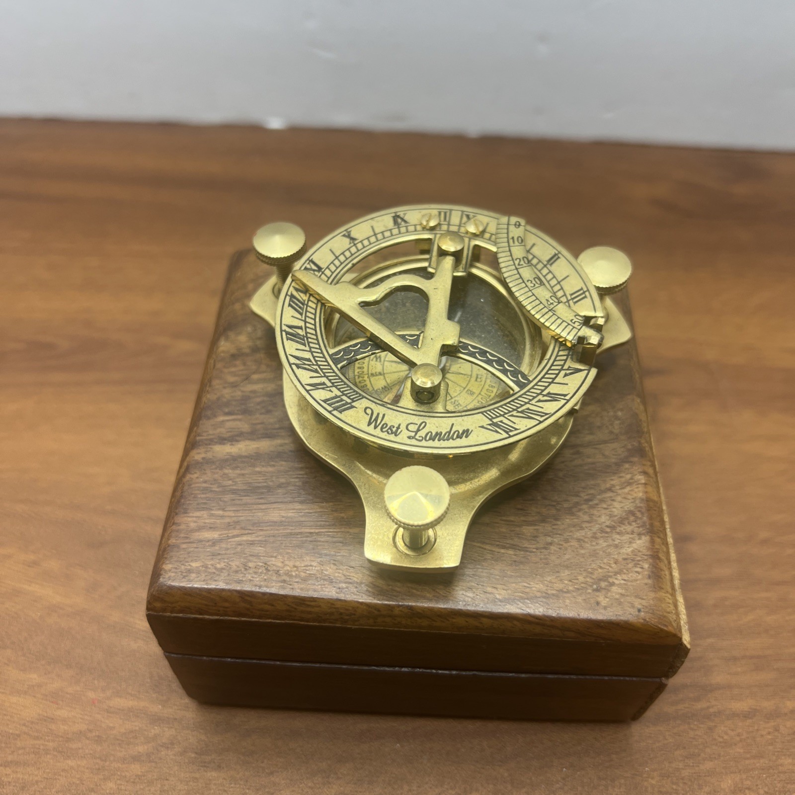F. L. West London Brass Sundial Compass in presentation wood box