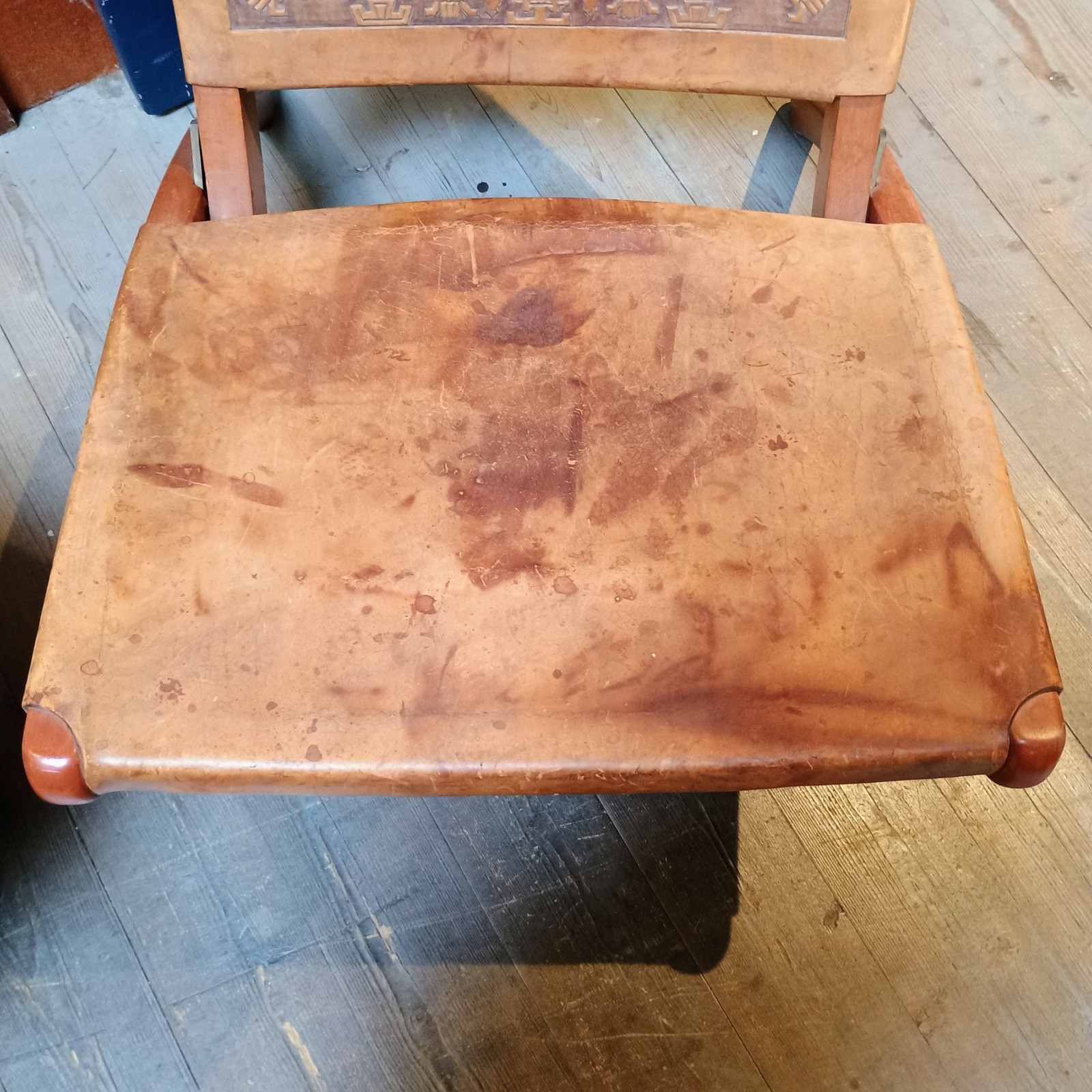 Vintage MCM Tooled Leather Folding Safari Chairs Aztec Mayan Sun God Pair
