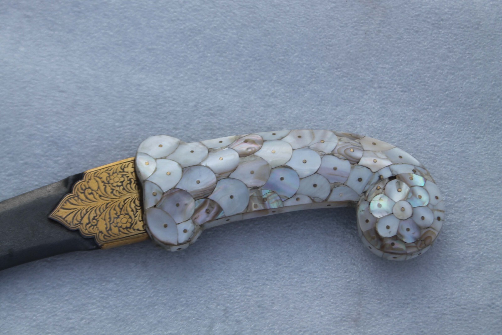 old vintage mother of pearl pistol grip handle gold damascened wootz steel blade