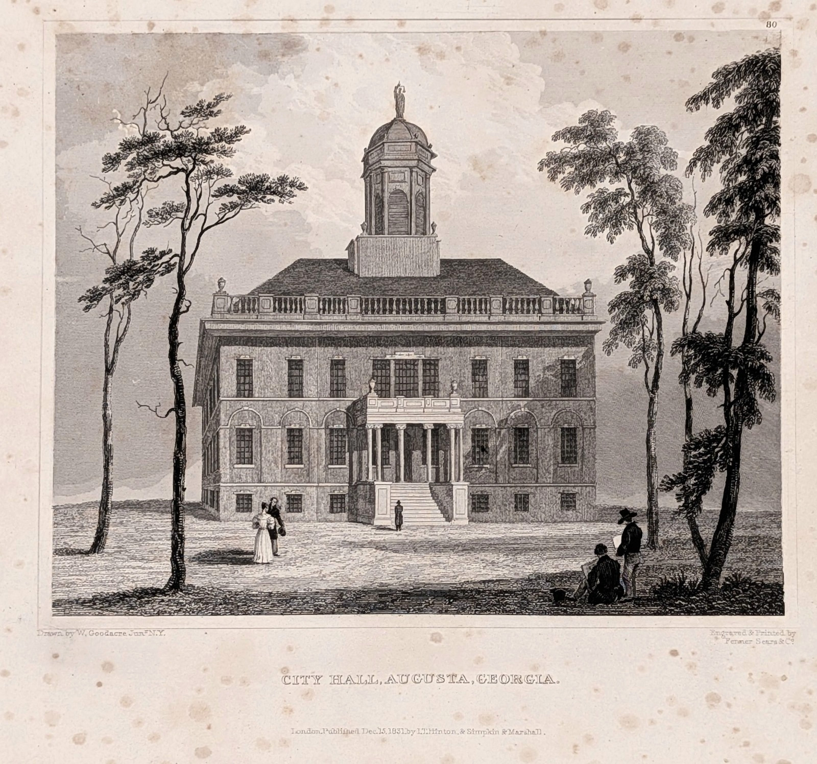 1831 AUGUSTA – GEORGIA Old City Hall – Engraved Print ORIGINAL ANTIQUE