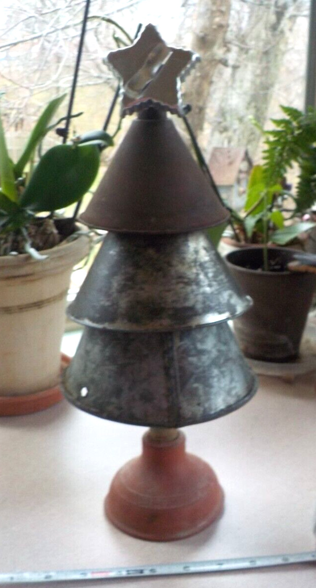 Vintage Metal Tin Funnel Christmas Tree 15 1/2″ H Three Mid Century Tin Funnels