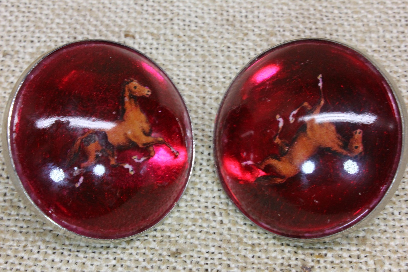 2 Old Red Glass Rosettes with Trotting Horse Bridle Harness Vintage 1880’s