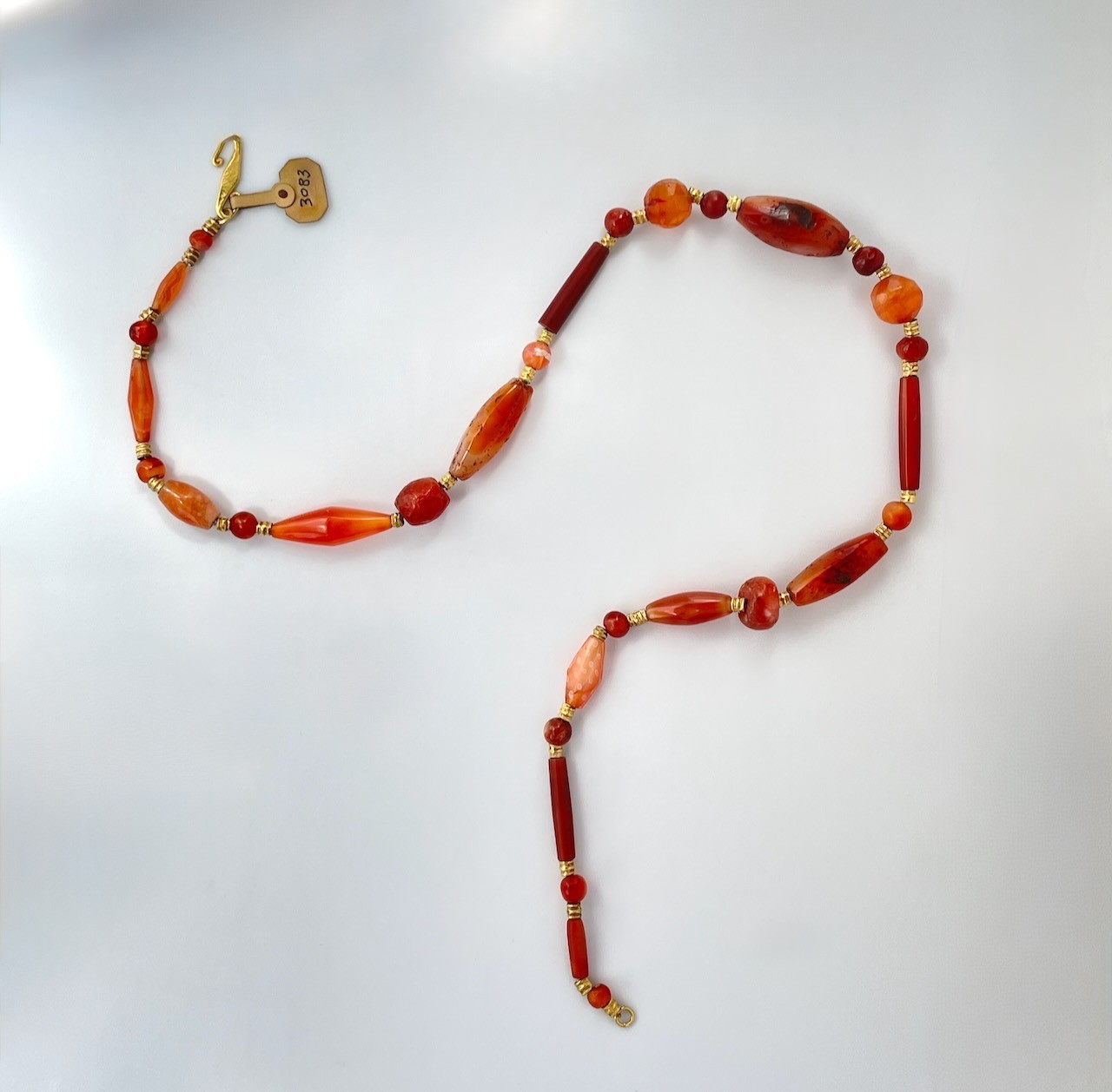 Ancient Pyu Carnelian and Sulawesi Gold Bead Necklace with Custom Gold Clasp