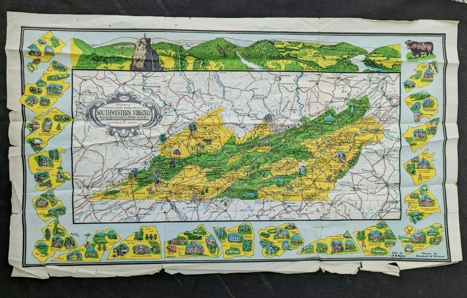 1938 PICTORIAL HISTORIC SCENIC INDUSTRIAL SOUTHWESTERN VIRGINIA MAP WILKINS VTG