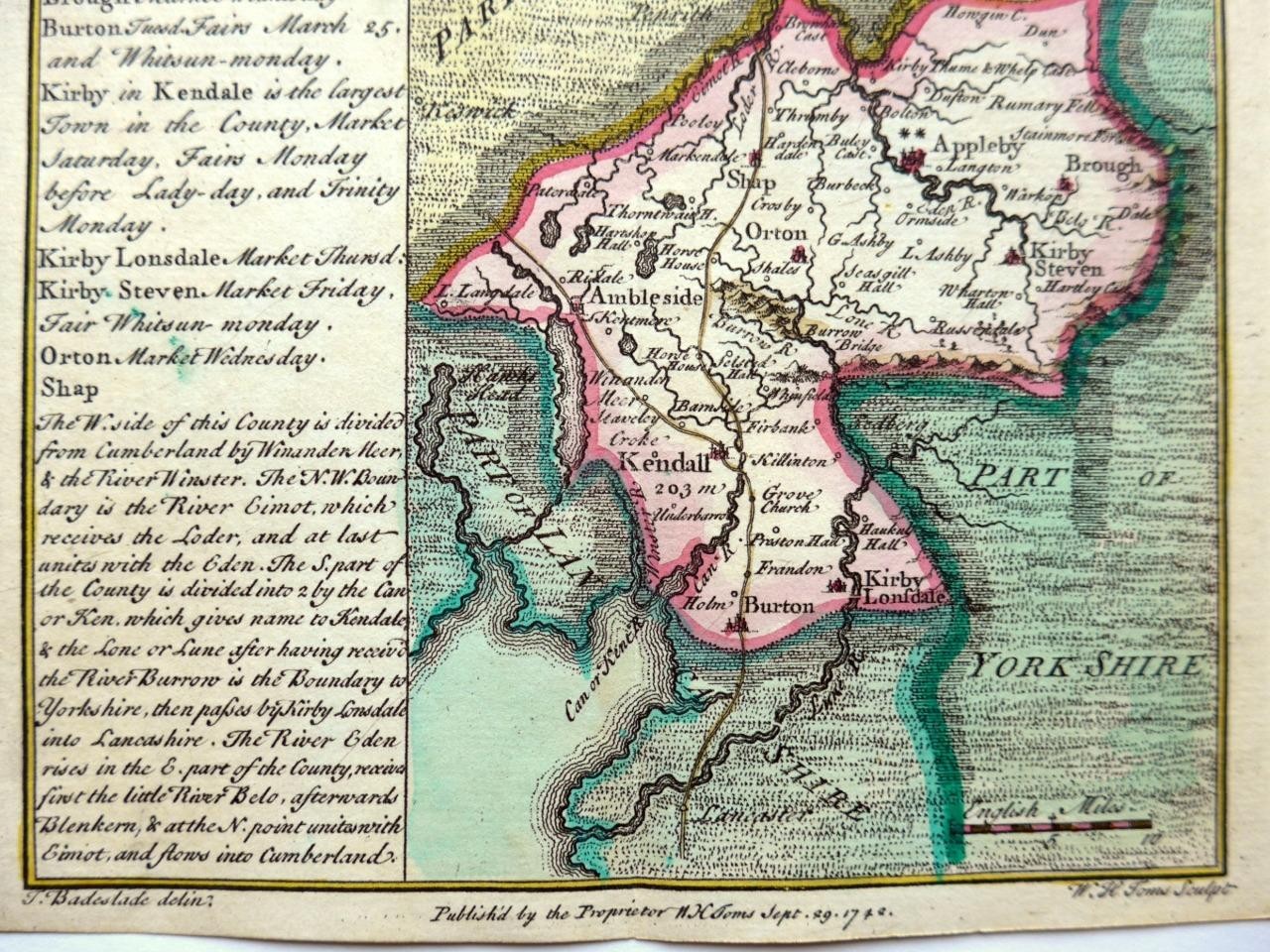 WESTMORLAND CUMBRIA BY BADESLADE & TOMS c1742 GENUINE ANTIQUE WITH HAND COLOUR
