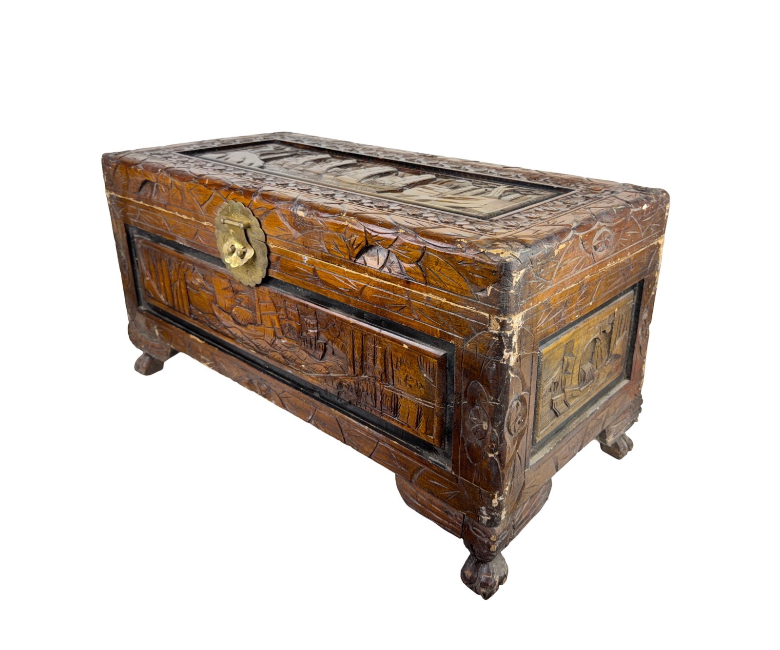 Vintage Oriental Chinese Asian Carved Wooden Chest 27 x 13 x 14″