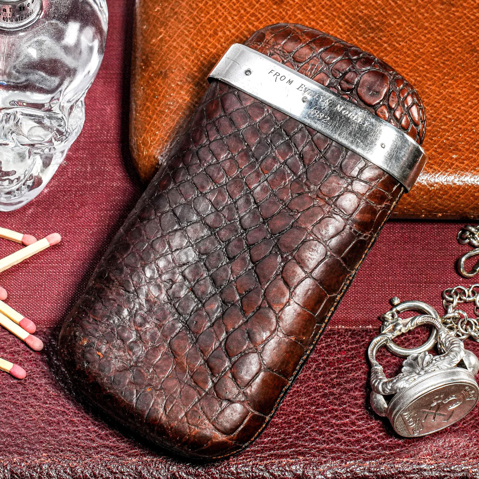 Handsome English Antique Victorian Leather Sterling Silver Cigar Case Holder