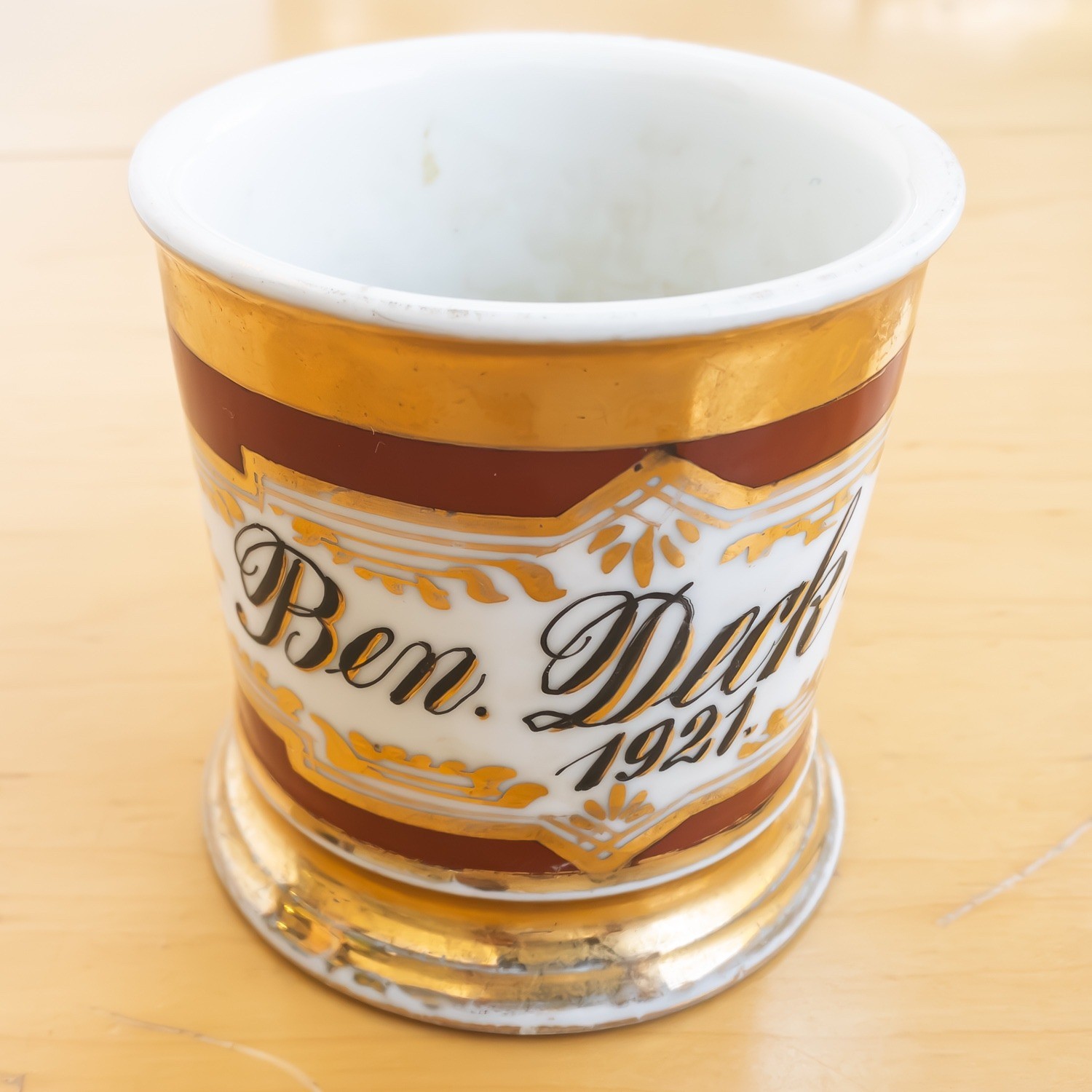 Vintage 1921 Porcelain Shaving Mug Ben Deck Brown Ornate Gold Decorated Germany