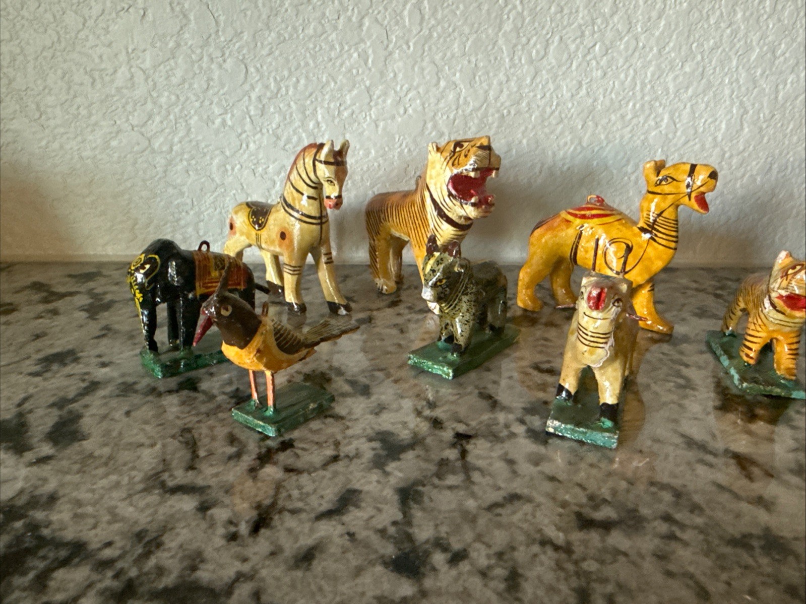 Antique Hand Painted Nirmal Animals from India Tiger Elephant Bird