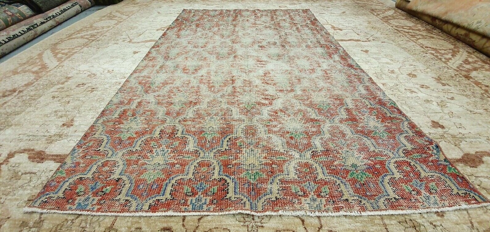 Rare Vintage 1940-1960’s Vegy Dye Distressed Wool Pile Oushak Area Rug 5 x 8ft