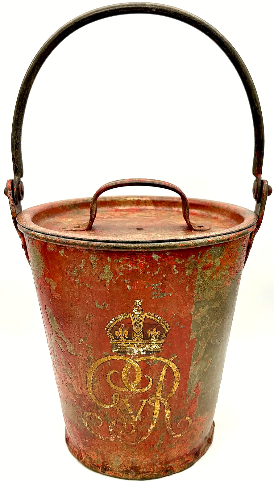 Antique Fire Bucket & Lid – King George V – Galvanised Steel – Circa 1915