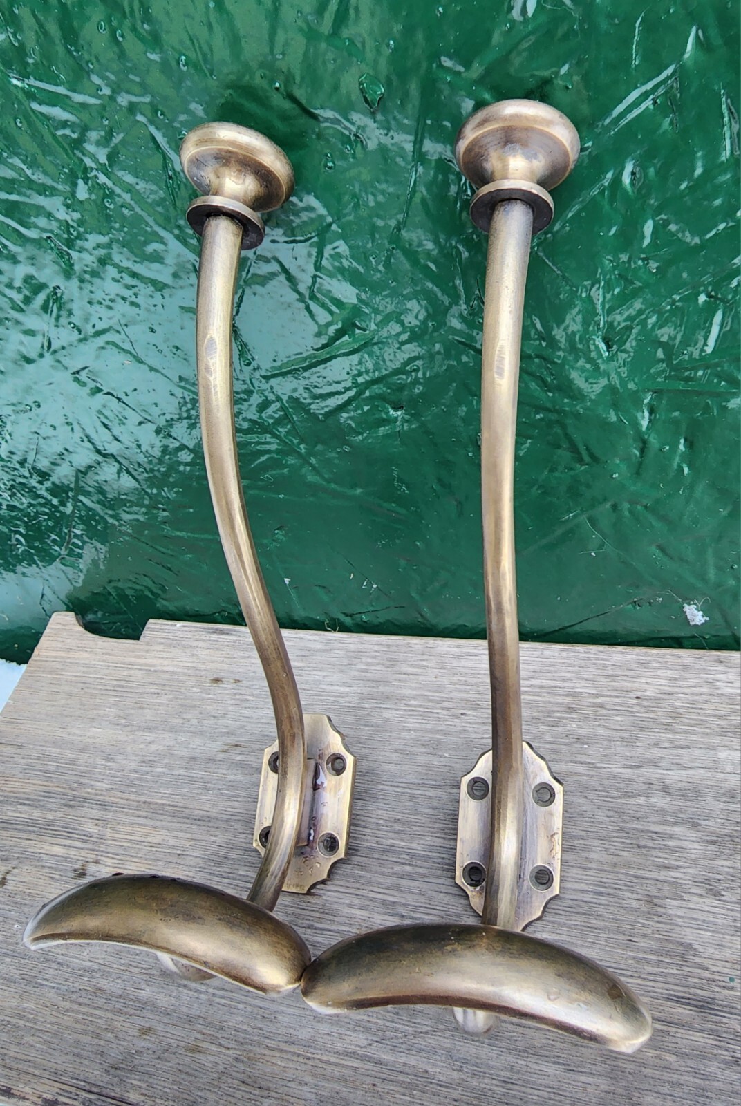 2 x Large Antique Style Solid Brass Wall Mount double Hook Coat / Hat Rack #Q10