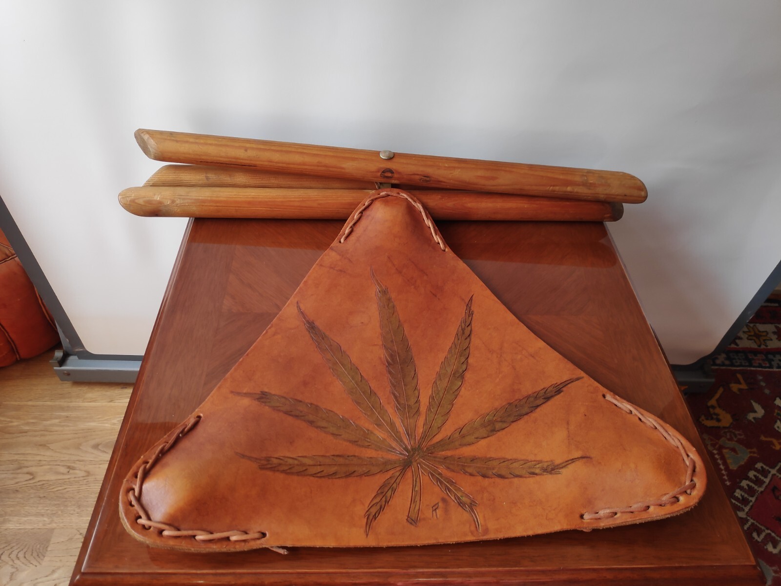 Leather folding tripod Stool with Cannabis Leaf Motif