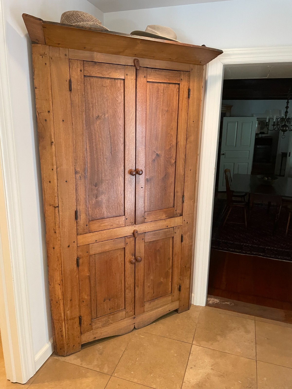 Antique Tennessee walnut 1780s corner cupboard raised panel blind door