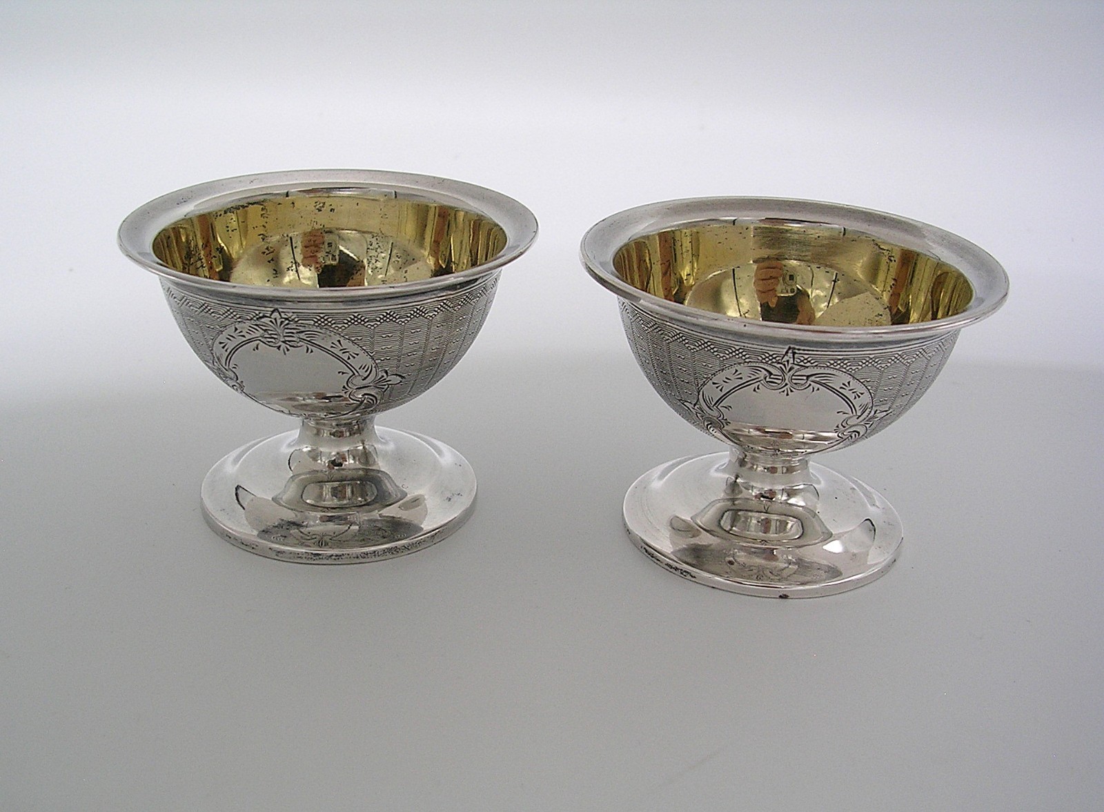 Pair American Coin Silver Salt Dishes/Cellars-Engine-Turned-c.1850-No Mono