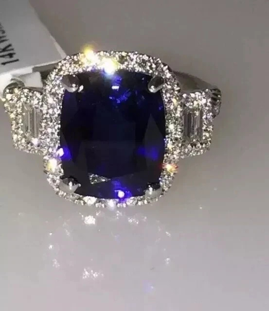 5.00CT Cushion Cut Lab-Created 14K White Gold Plated Blue Sapphire Wedding Ring