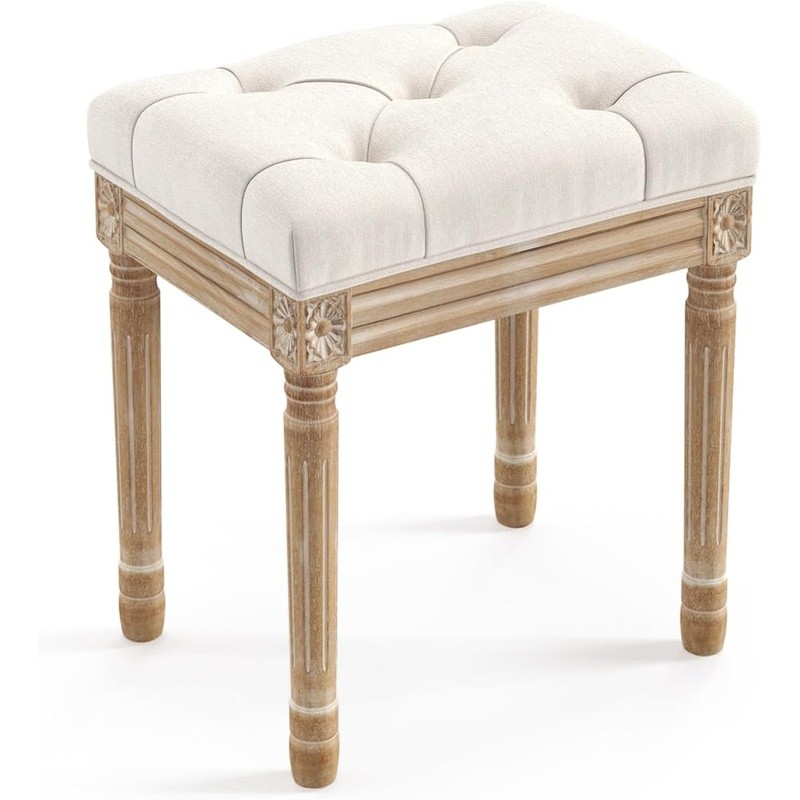 Vintage French Style Vanity Bench Tufted Seat Sturdy Wood Legs Entryway Stool US