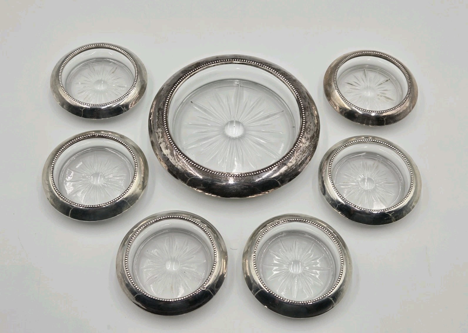 Vintage 7-Piece Frank M. Whiting Sterling Silver & Glass Coaster Set – Starburst