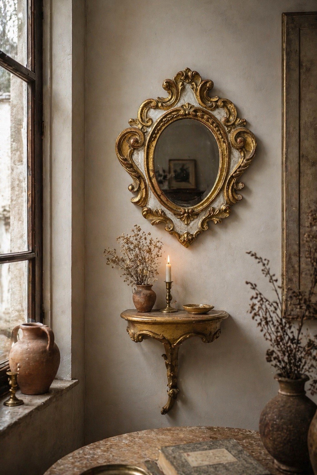 Florentia Italian Antique Gold Wall Mirror with Shelf, Oval, Mid Century, Wood