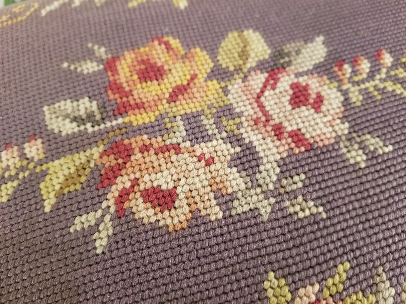 Antique Early 1900’s Floral & Rose Needlepoint Wooden Footstool in Deep Mauve
