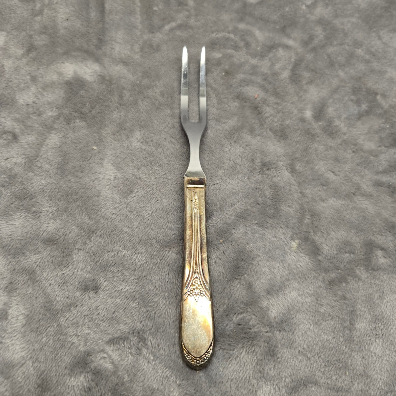 Vintage Stainless Steel Cold Meat Pickle Fork Floral Repousse Handle 6.25 Inch