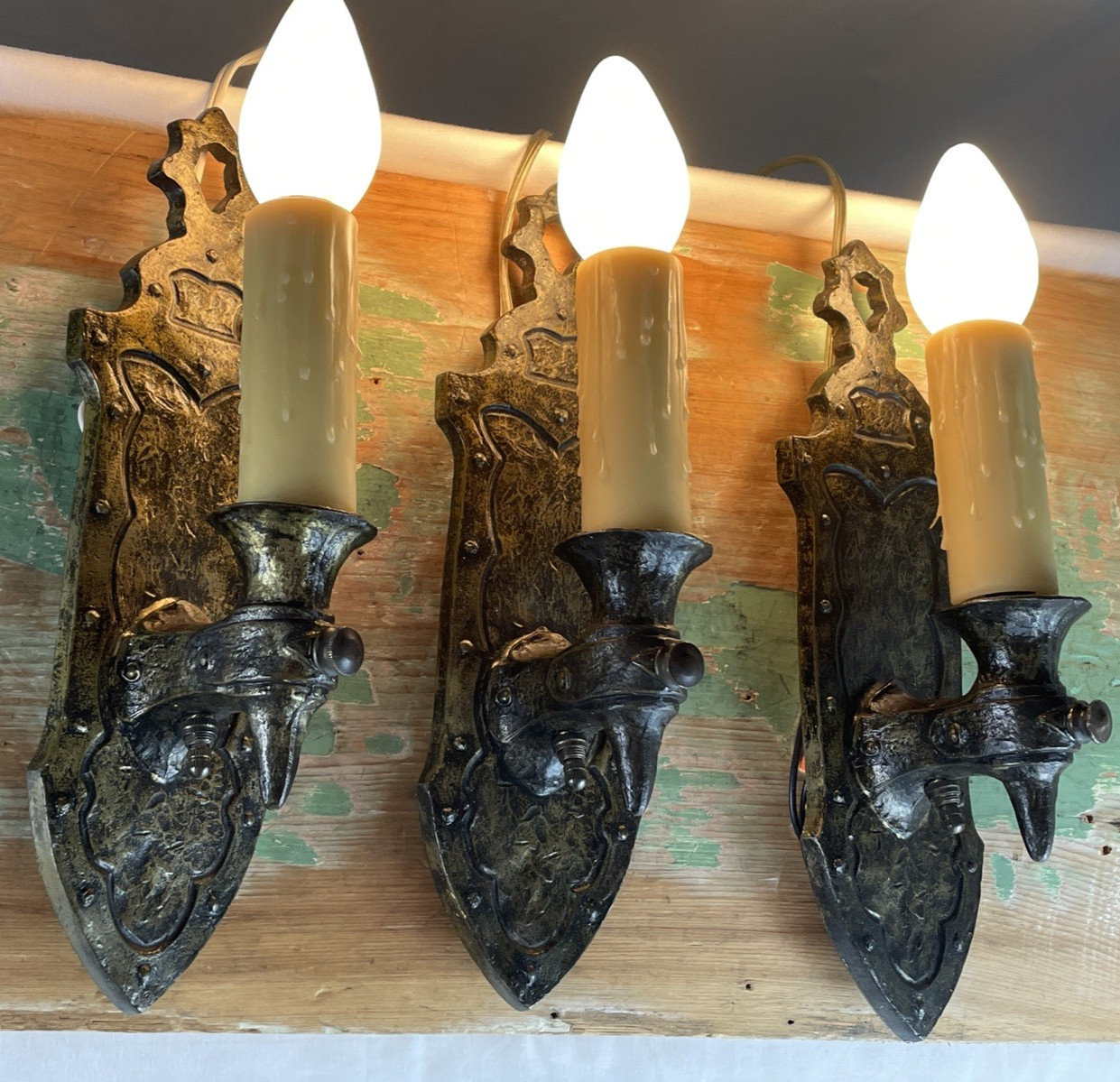 RESTORED Set 3 Antique Wall Sconces Arts Crafts Mission Gothic Tudor Deco Pair +