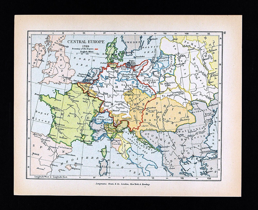 Antique Map Central Europe in 1789 France Germany Austria Poland Prussia Italy