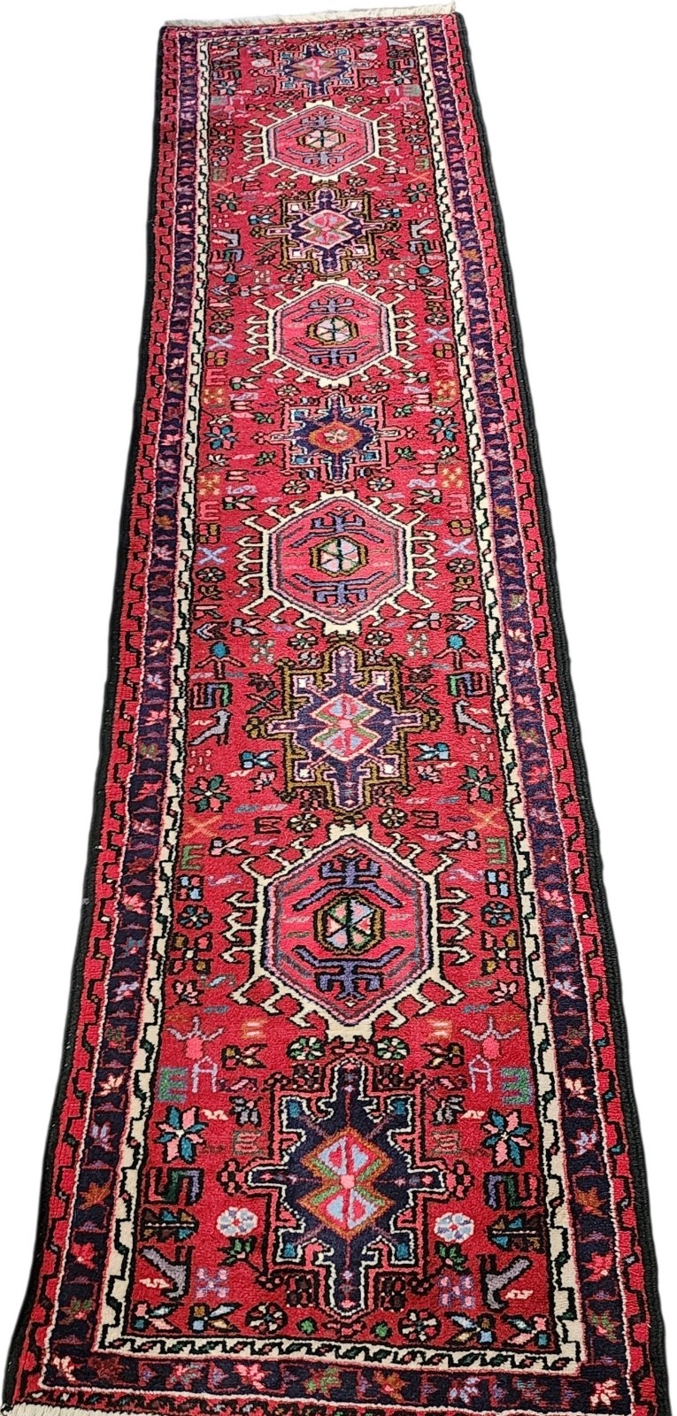 Vintage Azerbaijani Karajeh Runner Rug 3 x 10 Handmade Wool Tribal Geometric Red