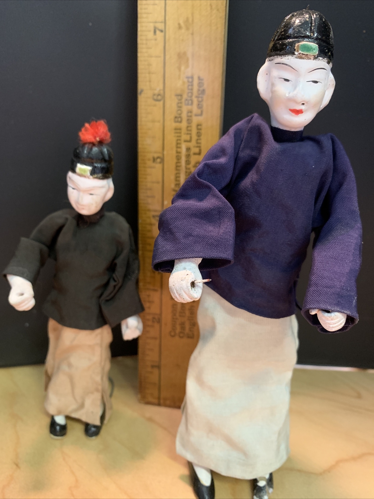 2 Antique Chinese Figures of Men With Silk Clothing Wire Limbs & Stand 1920’s