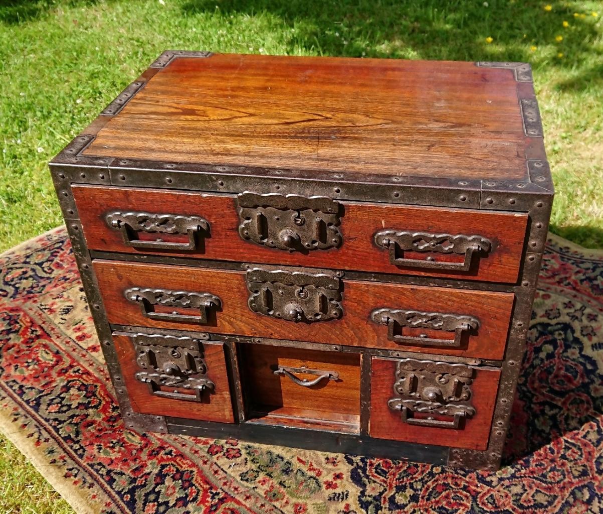 Antique Japanese Sendai Tansu Keyaki Wood Cabinet Box Late 19thC