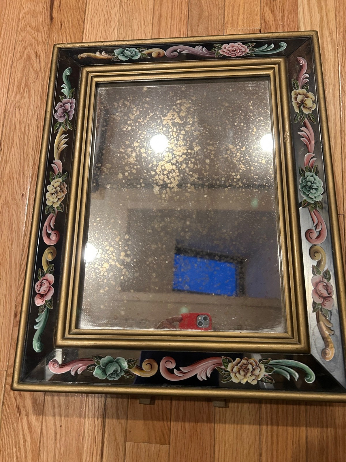 Italian 1940s Verre Eglomise Reverse Painted Mirror floral easel style AS IS