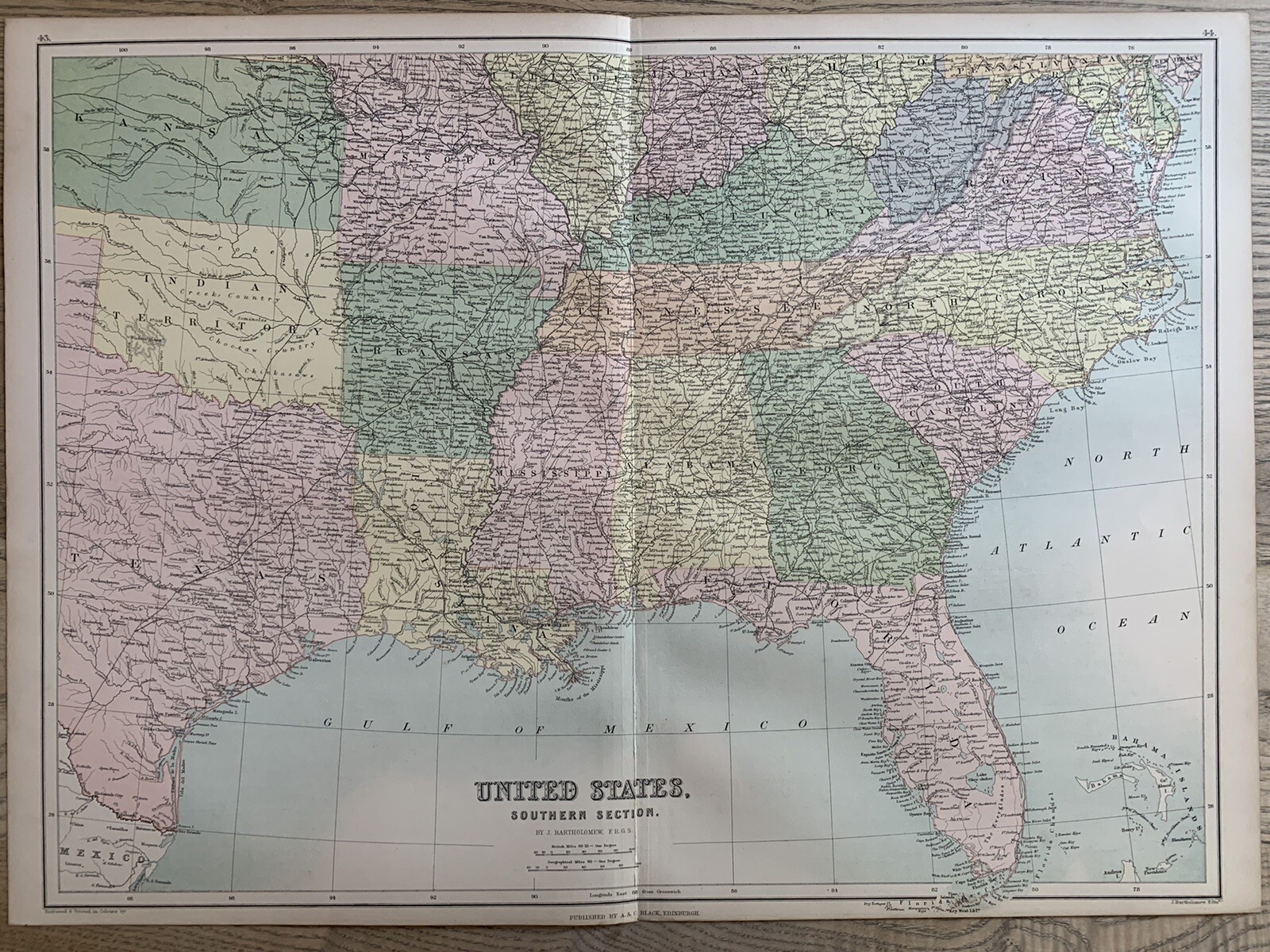 1879 Southern United States Large Original Antique Map by John Bartholomew