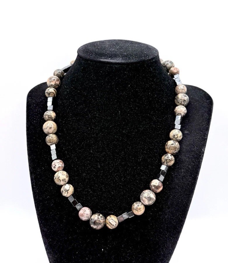 Chinese Export Sterling Silver Leopard Skin Jasper Necklace Vintage Jewelry