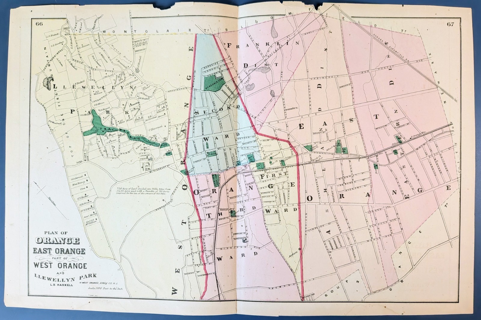 1874 Beers Map of Orange & East Orange NJ w/ Llewellyn Park + Paterson Map