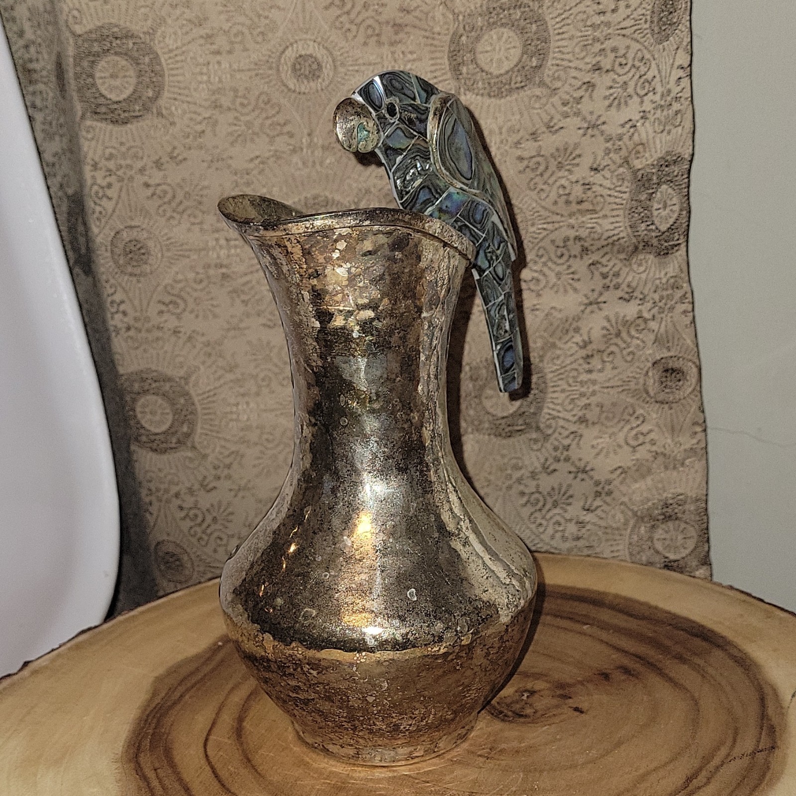 Vintage Los Fajardo Taxco Silver Plate Parrot Pitcher Abalone Inlay Mid Century