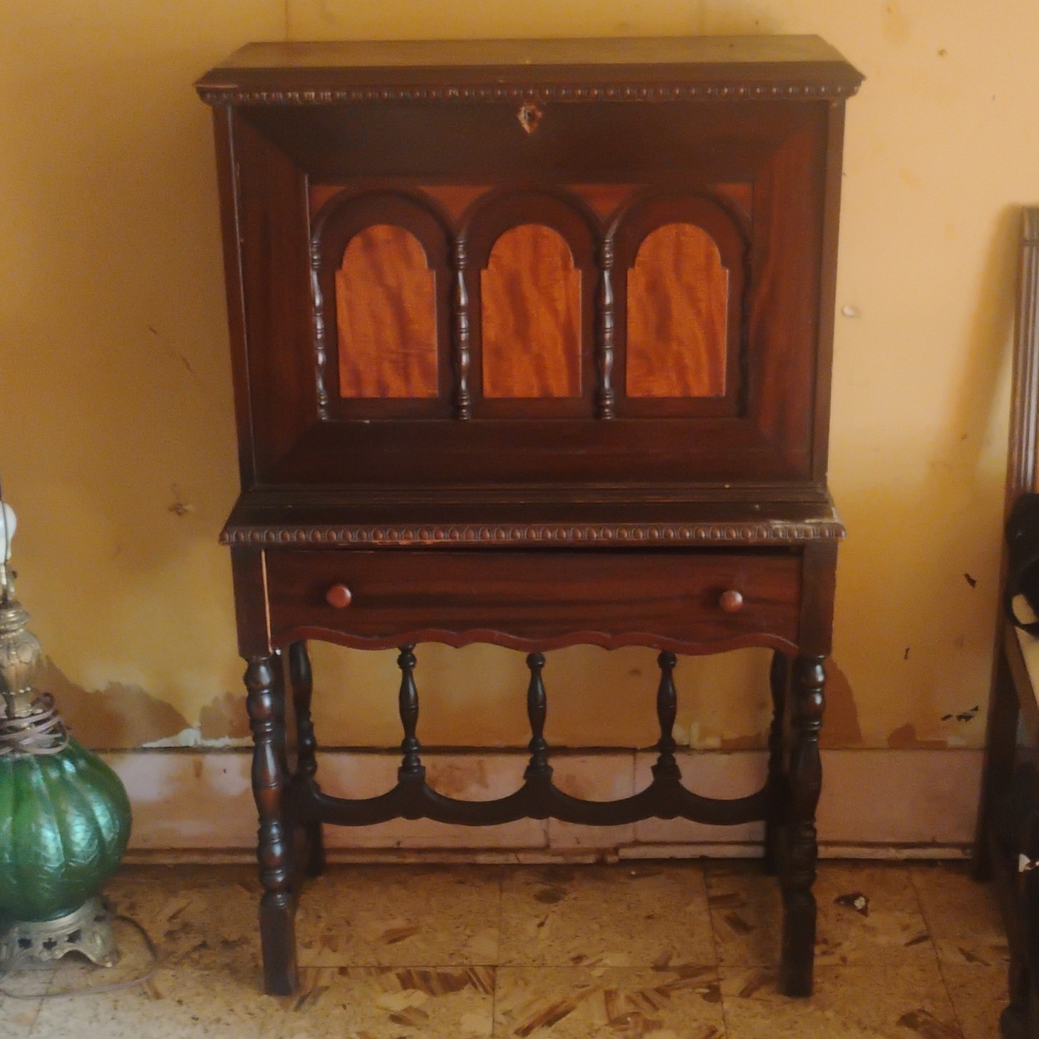 Antique Brown Wood Secretary Drop-Front Desk Pull-Down Door 1 Drawer Shelves