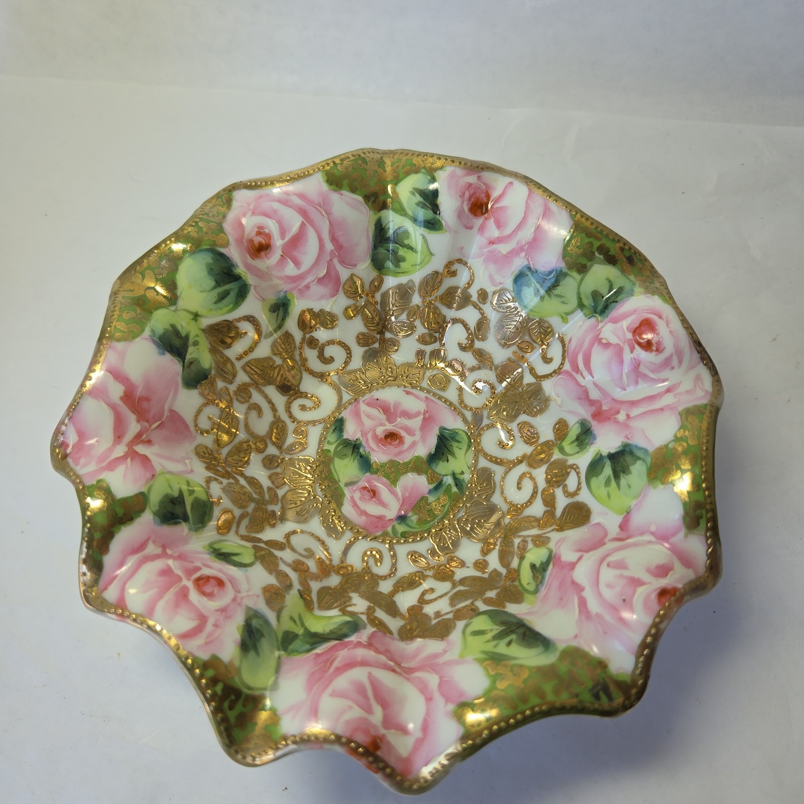 Signed Nippon Hand Painted Ruffle Edge Bowl w/Pink Roses accented w/gold beads.