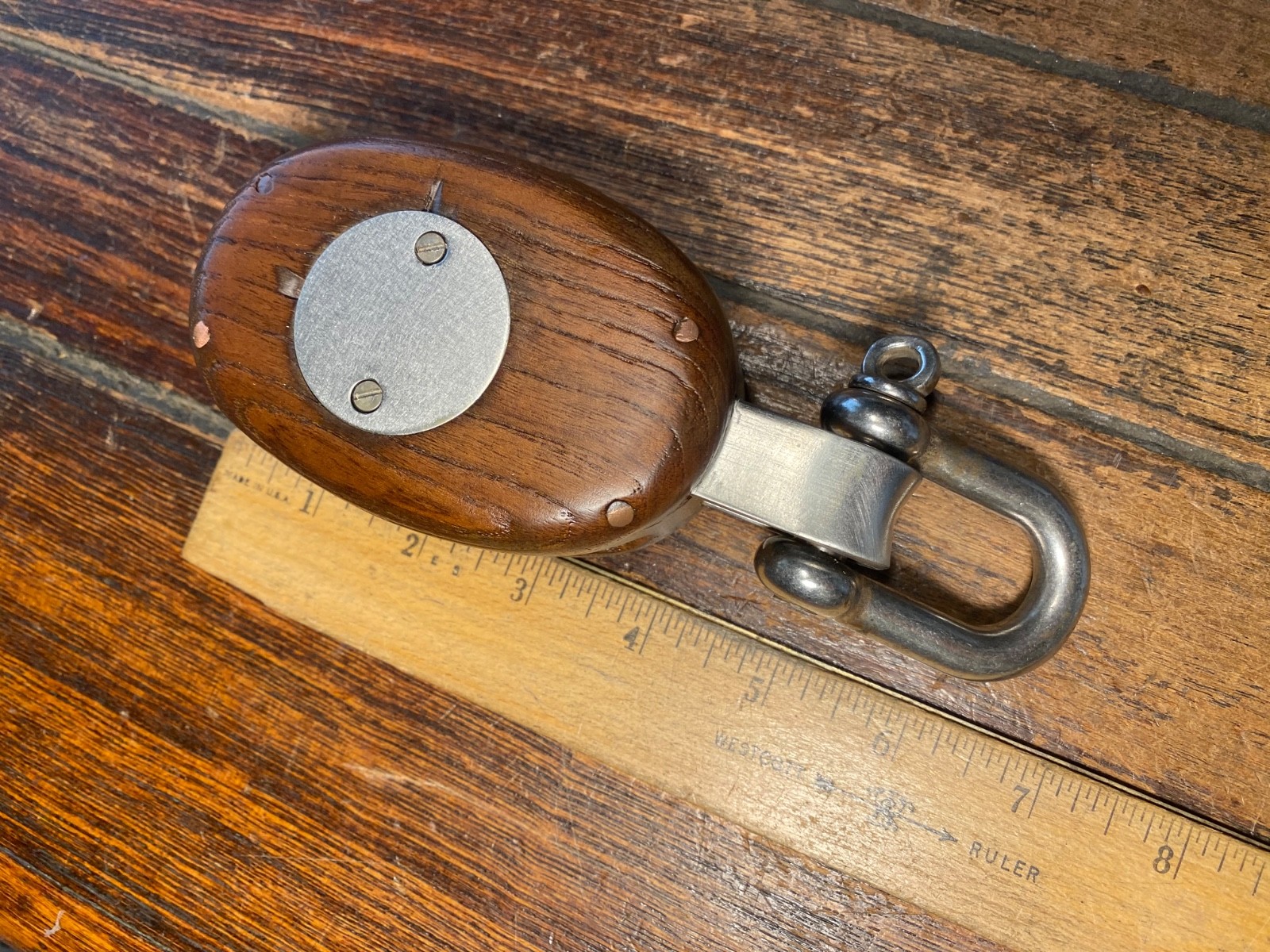 Vintage Refinished Teakwood Single Block 2 1/4″ Bronze Sheave