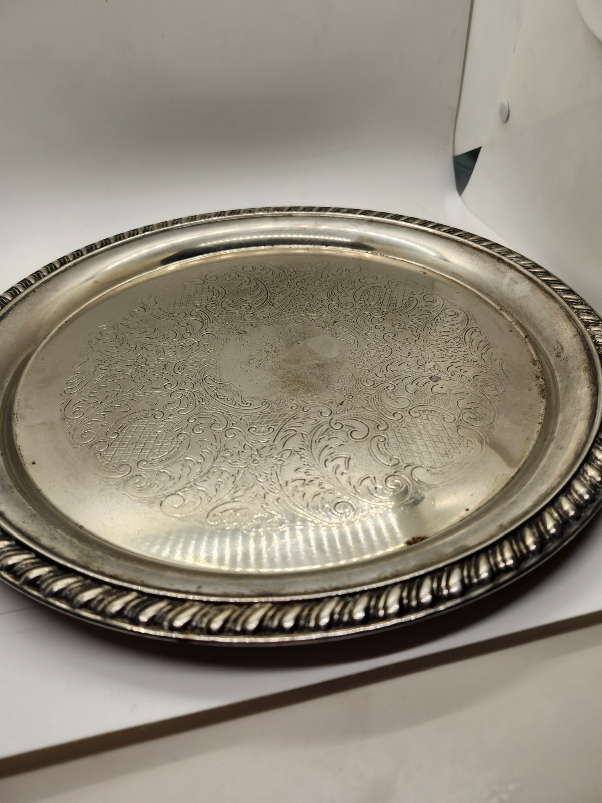 Leonard Silver Plate Round Serving Tray Carved Pierced Victorian Design 13in VTG