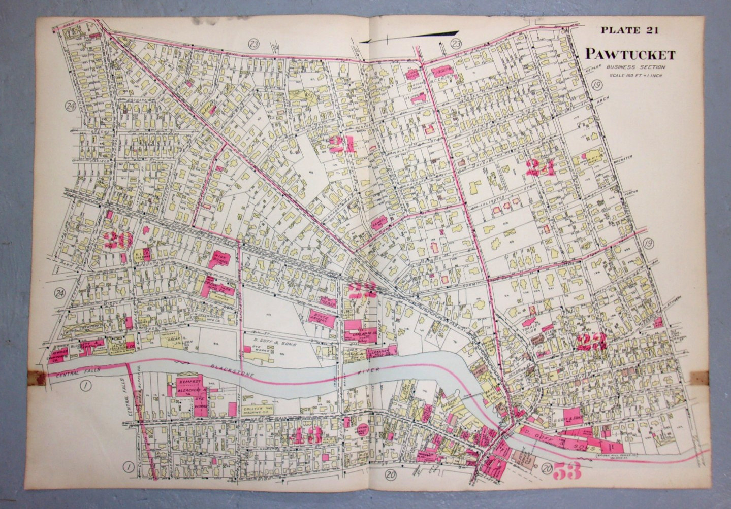 CITY OF PAWTUCKET ,R.I. BUSINESS SEC. LG. LINEN BACK MAP RICHARD’S MAP CO. -1917