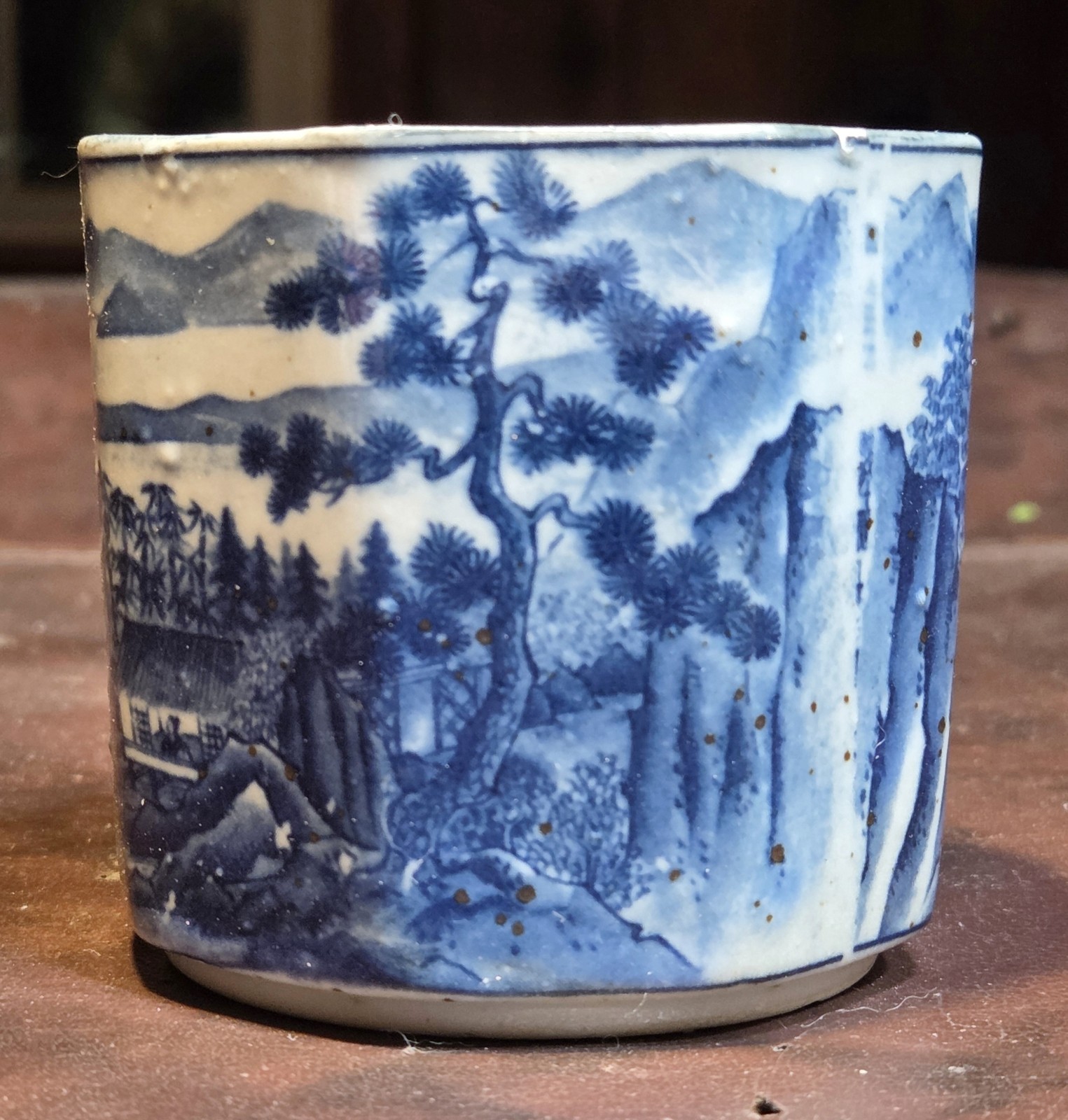 Antique Asian Blue White Transferware Landscape Brush Pot Desk Cachepot Octagon