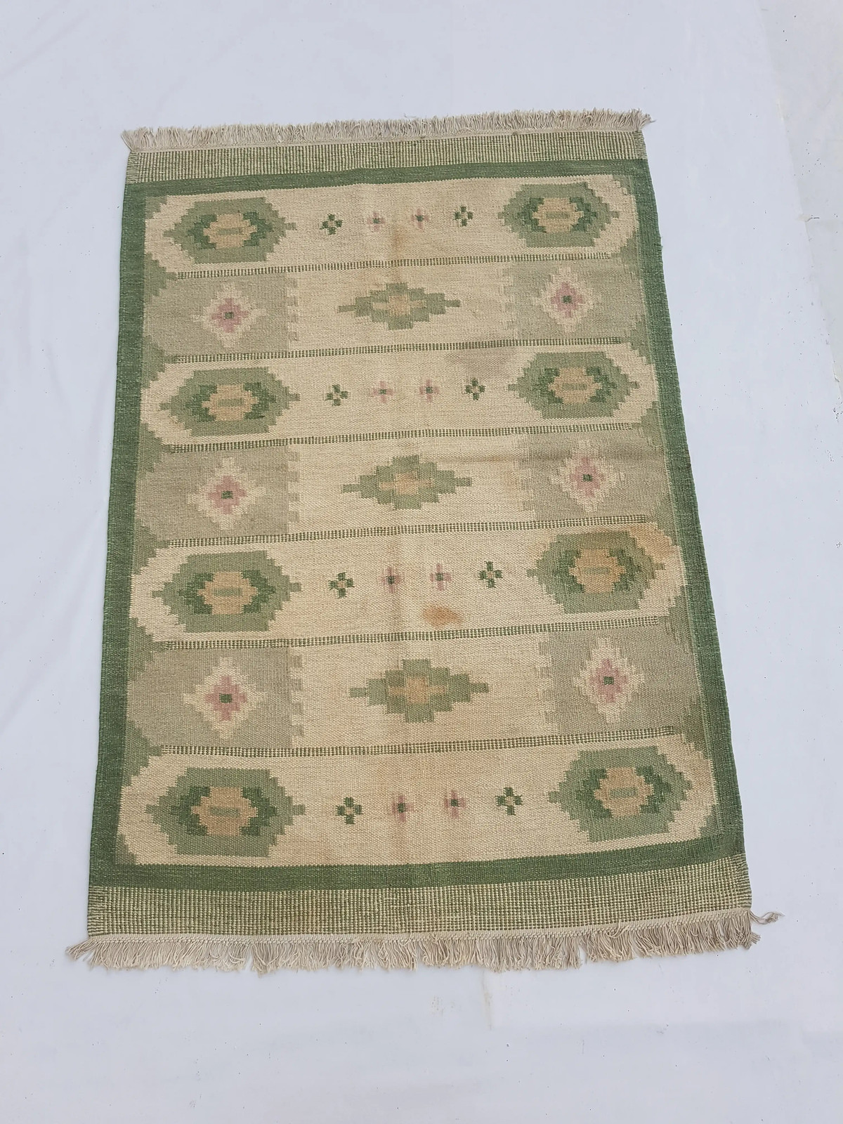 Vintage Handmade Traditional Geometric Beige Green Kilim Rug Carpet 6.3×4.4ft