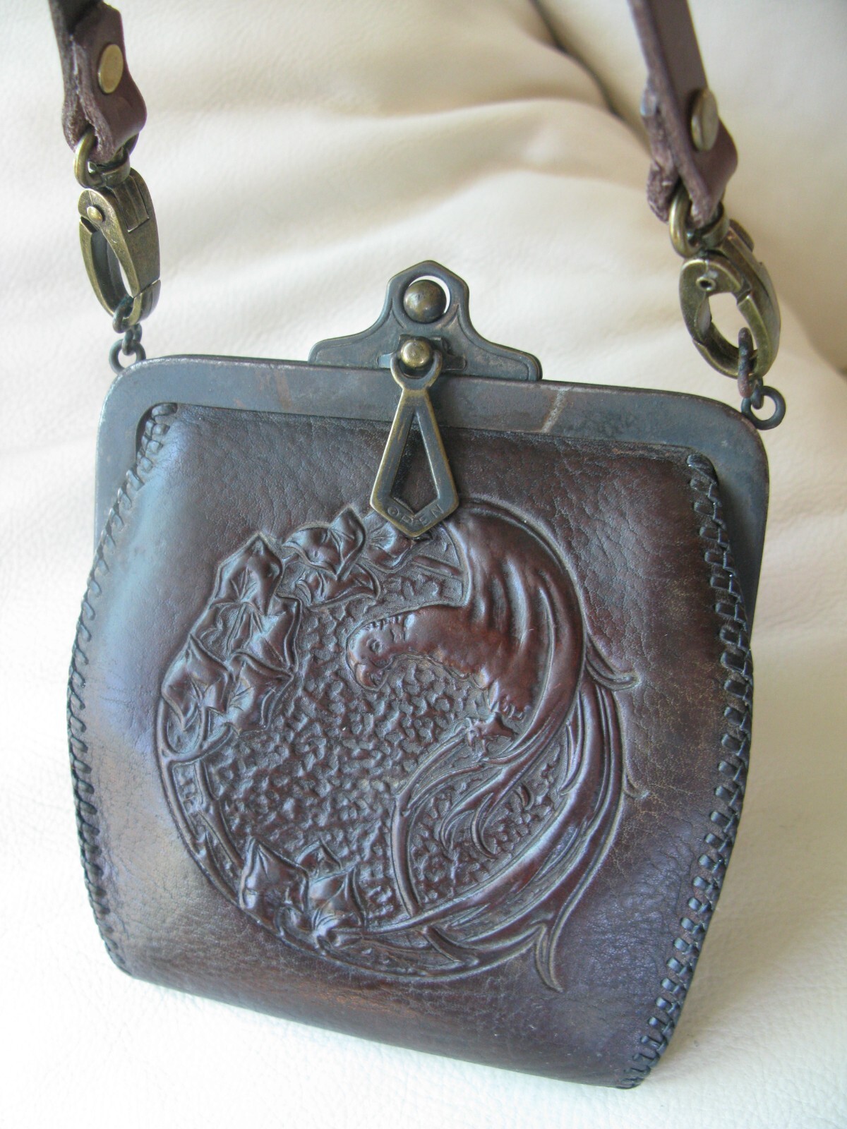 Antique Art Nouveau Deco Bird Of Paradise Tooled Brown Leather Purse JEMCO