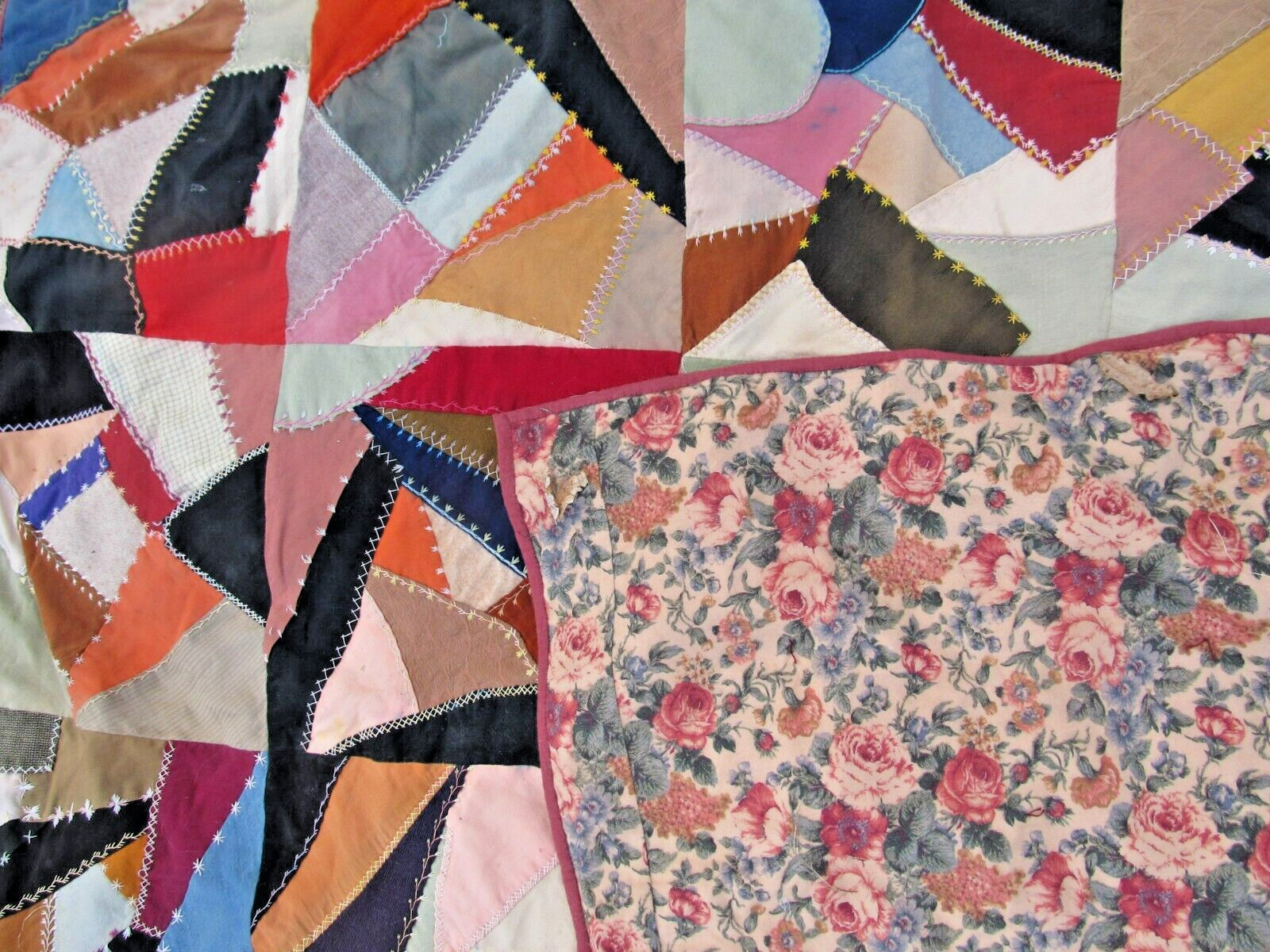 COLORFUL Antique Handmade Patchwork & HIGHLY EMBROIDERED “CRAZY” Quilt, 1890