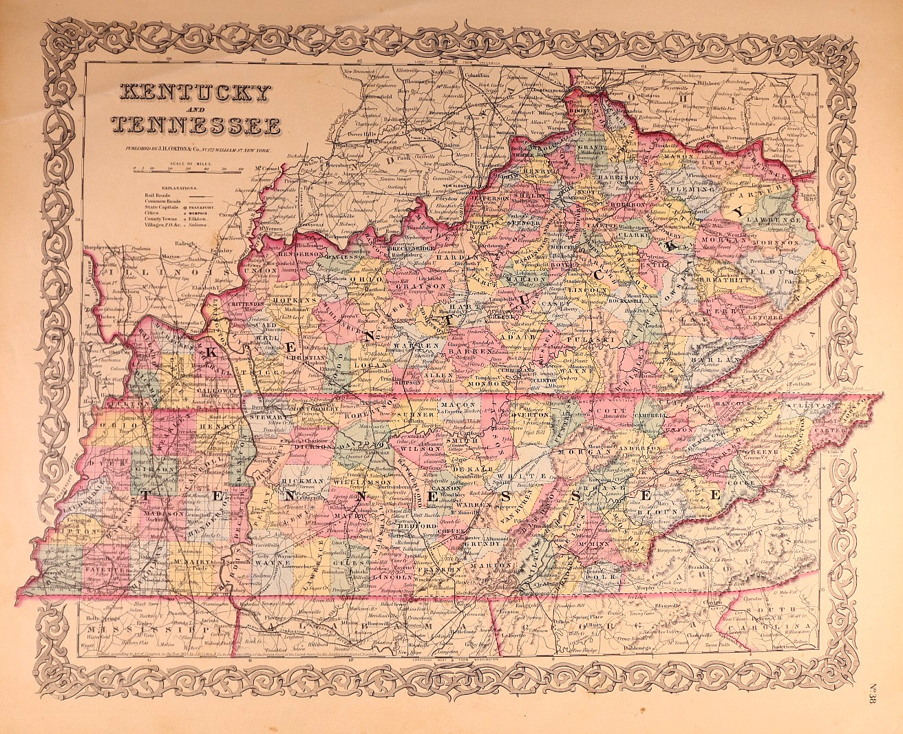 Dated 1857 Map of the States of Kentucky & Tennessee by J. H. Colton (15×18)-#21