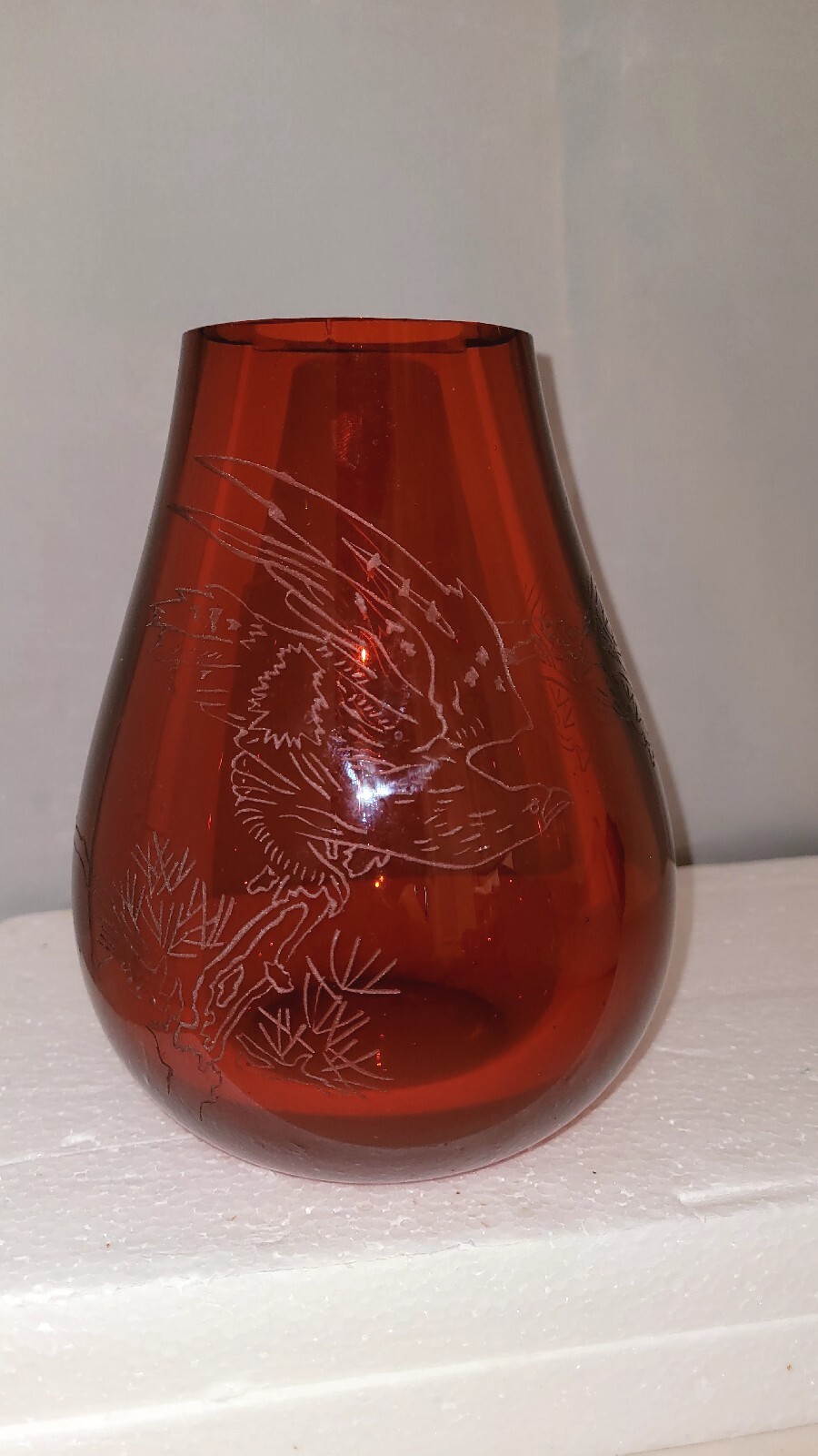 Chinese Ruby Red Hand Blown Glass Vase. Etched Eagle On Branch. Thick, 5.9lbs