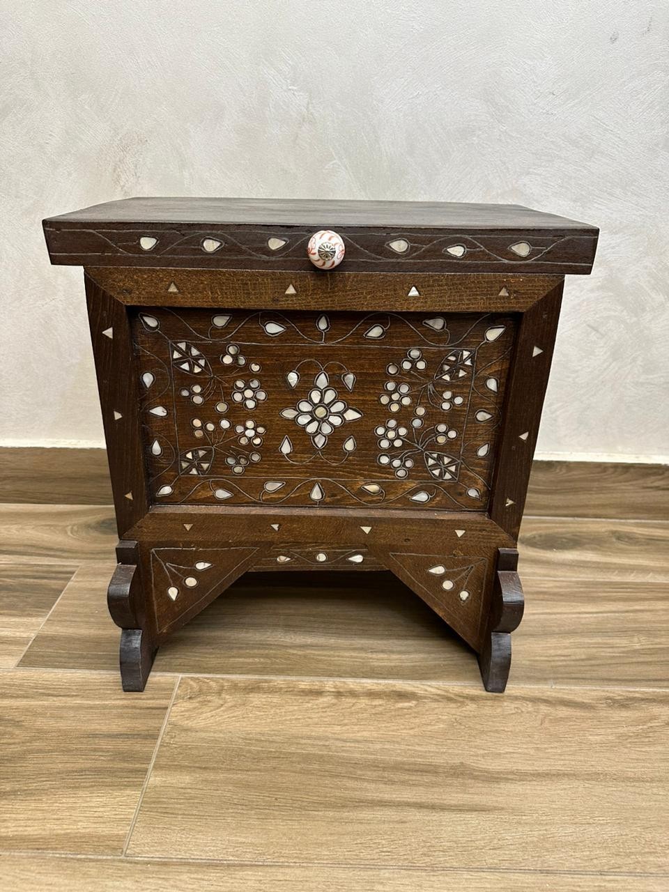Vintage Syrian Walnut Jewelry Trunk Box Chest –Handcrafted Mother of Pearl Inlay