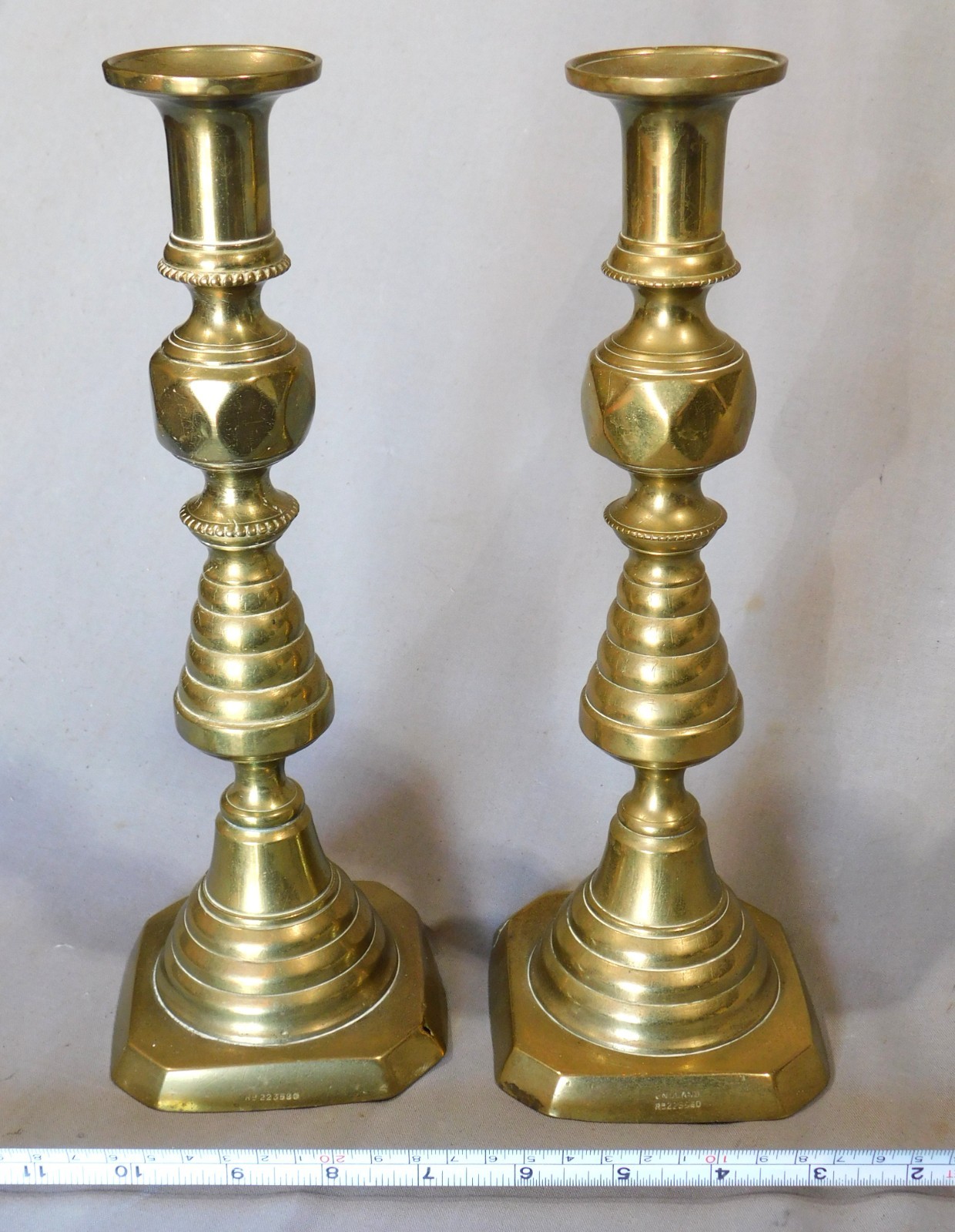 Antique Pair British Brass Candlesticks RD 223580 1893 Victorian Queen Anne